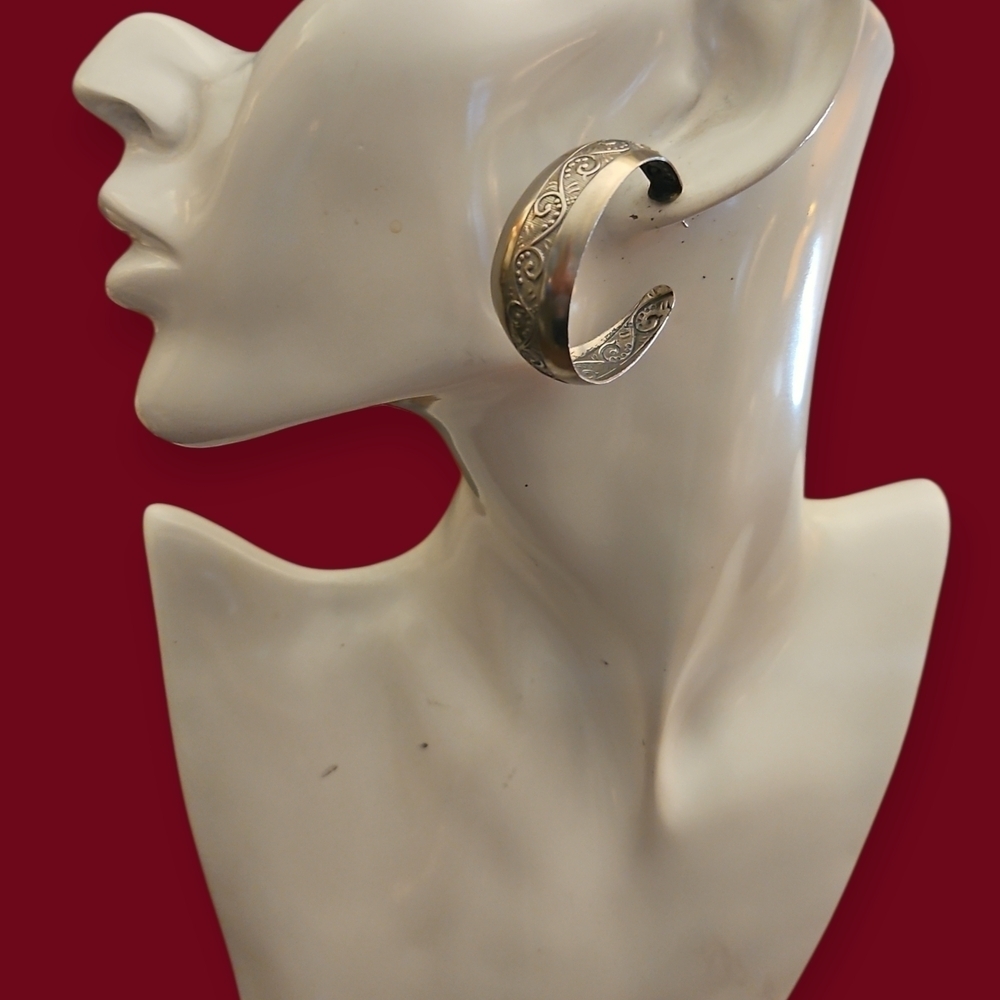 Vintage Scroll Silvertone Chunky Metal Hoop Post Earrings